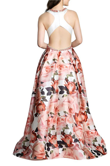 Dave & Johnny Embellished Neck Ruched Sleeveless Cutout Back Pleated Floral Print Twill Dress-1