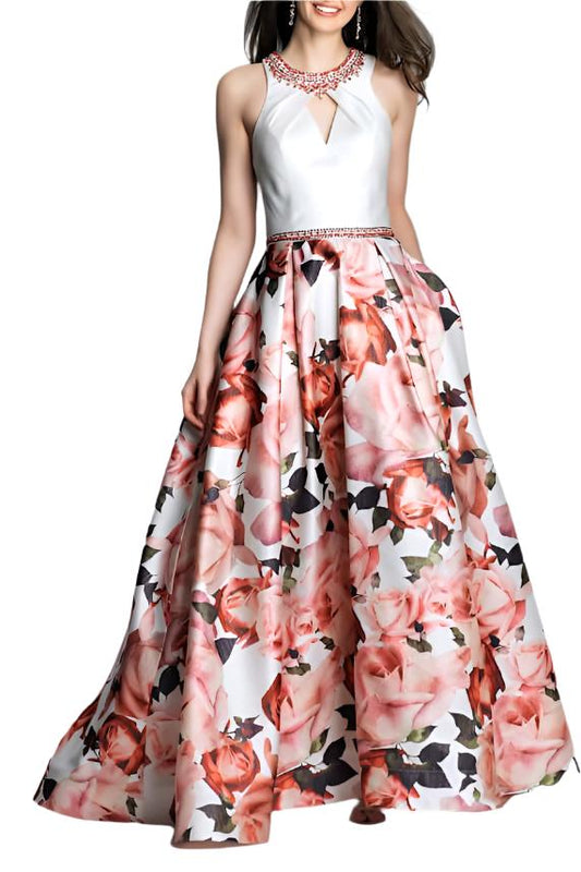 Dave & Johnny Embellished Neck Ruched Sleeveless Cutout Back Pleated Floral Print Twill Dress-0