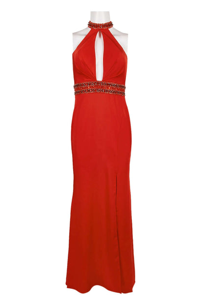Dave & Johnny Embellished Halter Neck Slit Front Embellished Waist Zipper Back Cutout Back Satin Gown