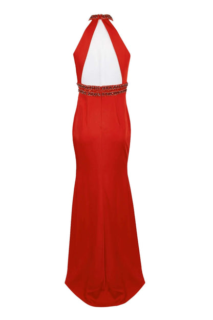 Dave & Johnny Embellished Halter Neck Slit Front Embellished Waist Zipper Back Cutout Back Satin Gown