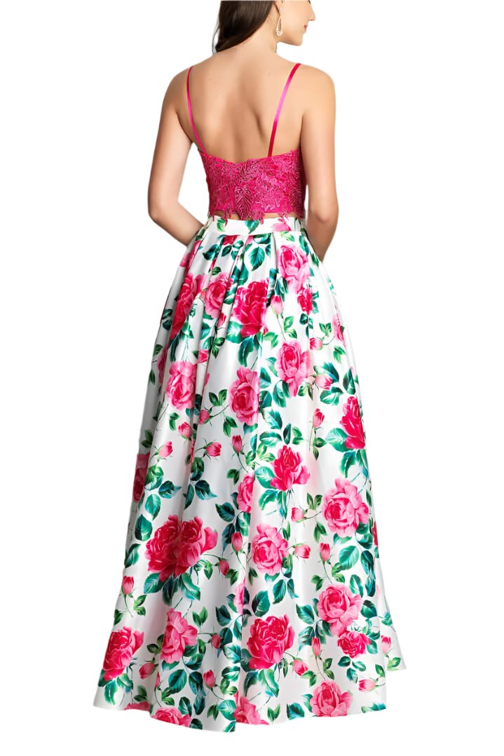 Dave & Johnny Spaghetti Strap Embellished Floral Embroidered Lace Bodice Pleated Floral Print Mikado Dress-1