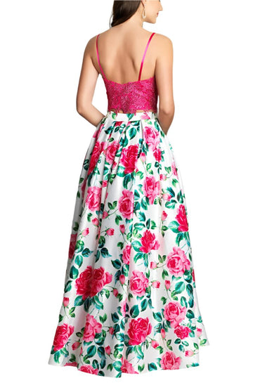 Dave & Johnny Spaghetti Strap Embellished Floral Embroidered Lace Bodice Pleated Floral Print Mikado Dress-1