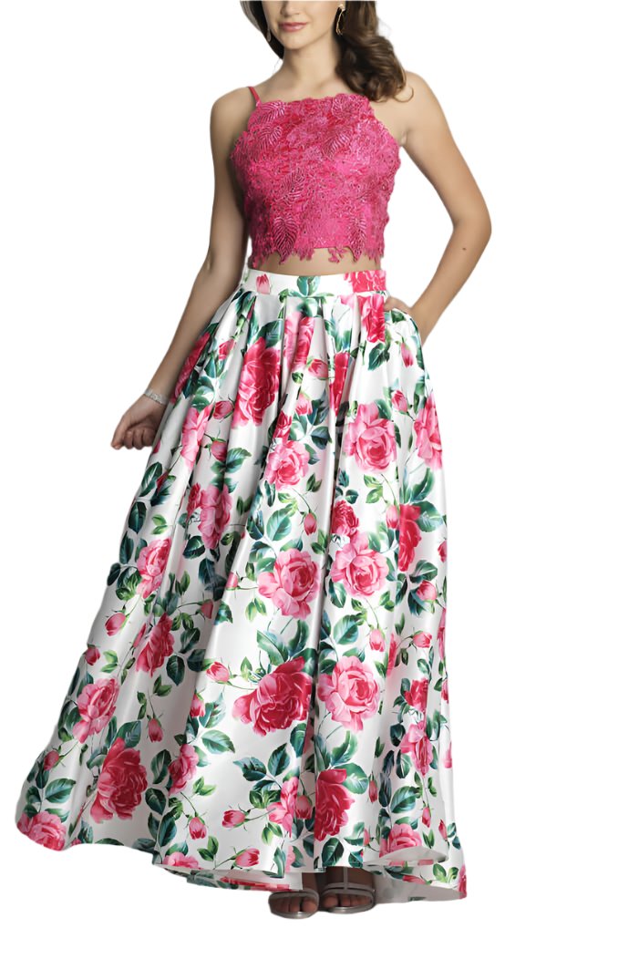 Dave & Johnny Spaghetti Strap Embellished Floral Embroidered Lace Bodice Pleated Floral Print Mikado Dress-0