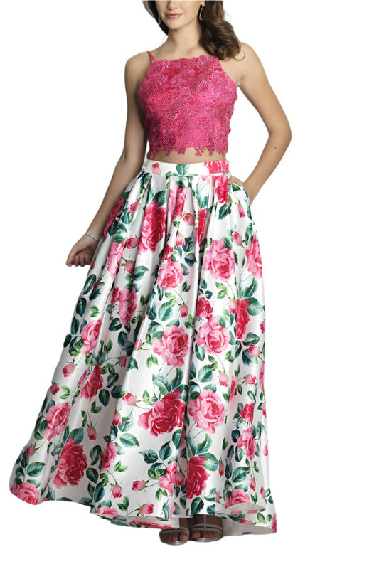 Dave & Johnny Spaghetti Strap Embellished Floral Embroidered Lace Bodice Pleated Floral Print Mikado Dress-0