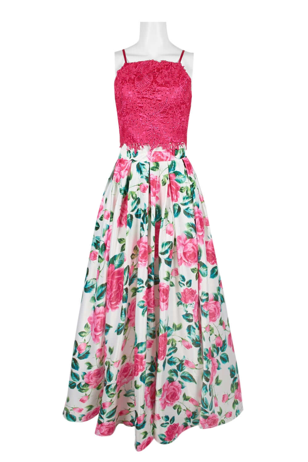 Dave & Johnny Spaghetti Strap Embellished Floral Embroidered Lace Bodice Pleated Floral Print Mikado Dress-2