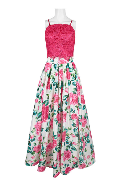 Dave & Johnny Spaghetti Strap Embellished Floral Embroidered Lace Bodice Pleated Floral Print Mikado Dress-2