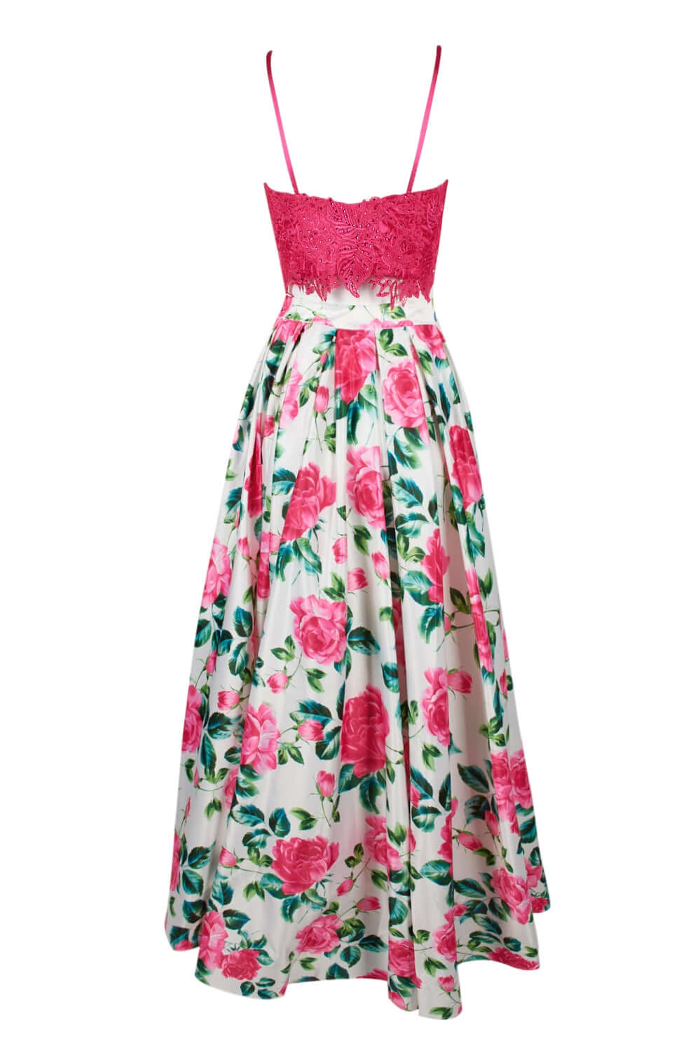 Dave & Johnny Spaghetti Strap Embellished Floral Embroidered Lace Bodice Pleated Floral Print Mikado Dress-3