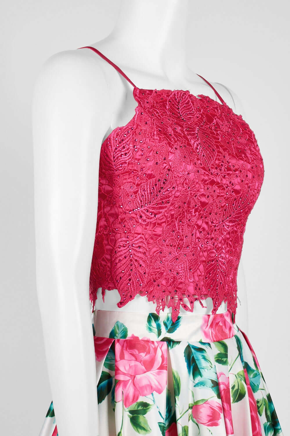 Dave & Johnny Spaghetti Strap Embellished Floral Embroidered Lace Bodice Pleated Floral Print Mikado Dress-4