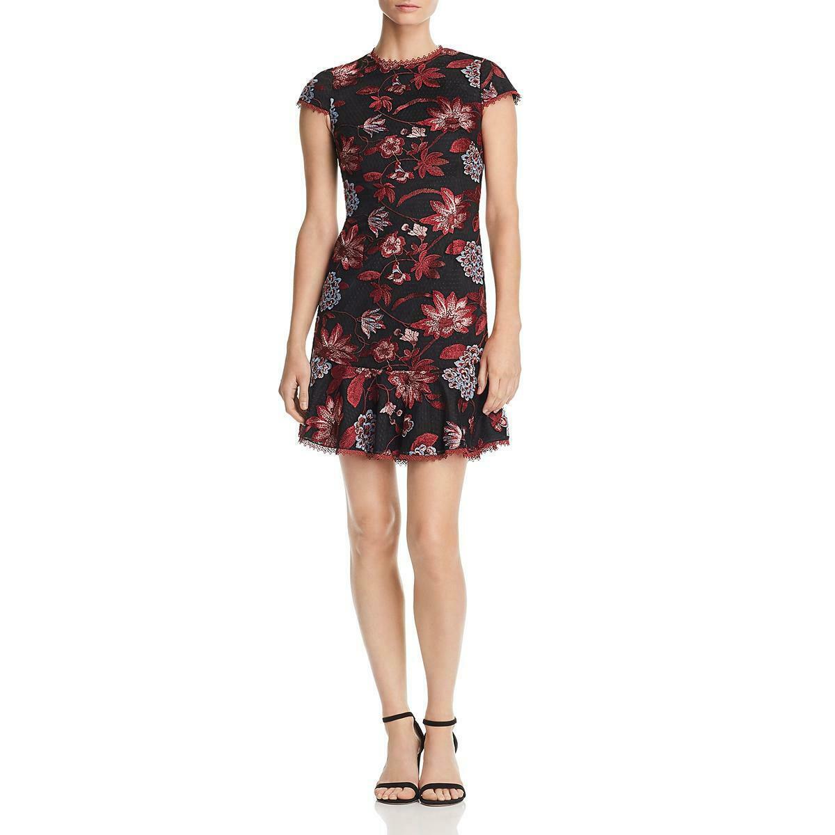 Aidan by Aidan Mattox Crew Neck Cap Sleeve Sheath Zipper Back Floral Embroidered Dress-0