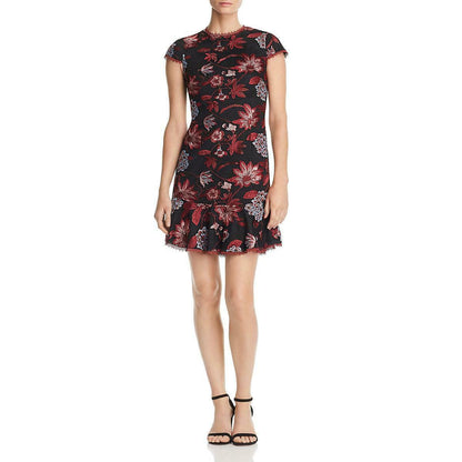 Aidan by Aidan Mattox Crew Neck Cap Sleeve Sheath Zipper Back Floral Embroidered Dress-0
