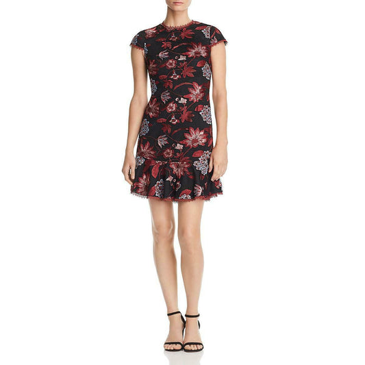 Aidan by Aidan Mattox Crew Neck Cap Sleeve Sheath Zipper Back Floral Embroidered Dress-0