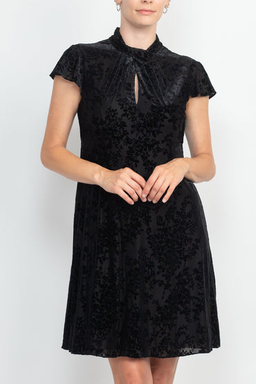 Adrianna Papell High Mock Neck Empire Waist Cap Flare Sleeves Velvet Short Dress