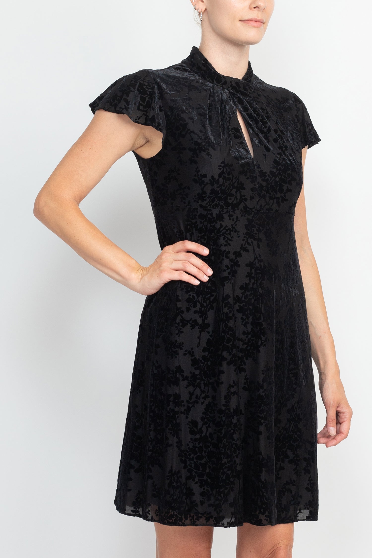 Adrianna Papell High Mock Neck Empire Waist Cap Flare Sleeves Velvet Short Dress