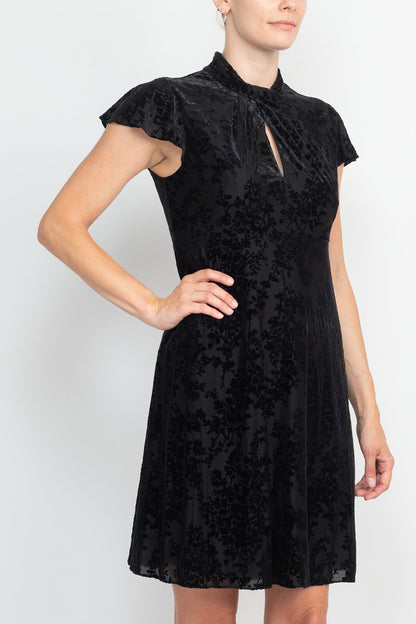 Adrianna Papell High Mock Neck Empire Waist Cap Flare Sleeves Velvet Short Dress