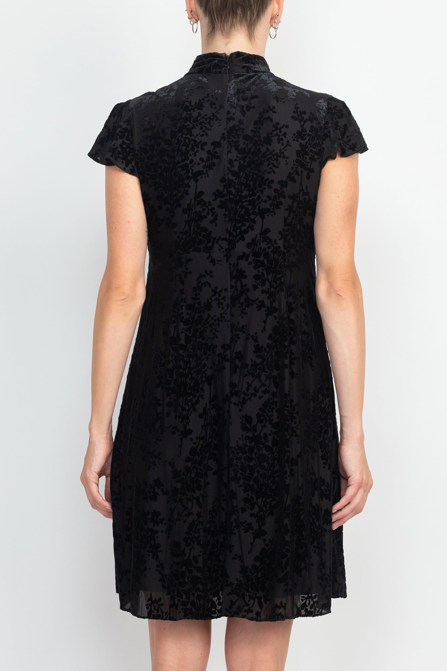 Adrianna Papell High Mock Neck Empire Waist Cap Flare Sleeves Velvet Short Dress