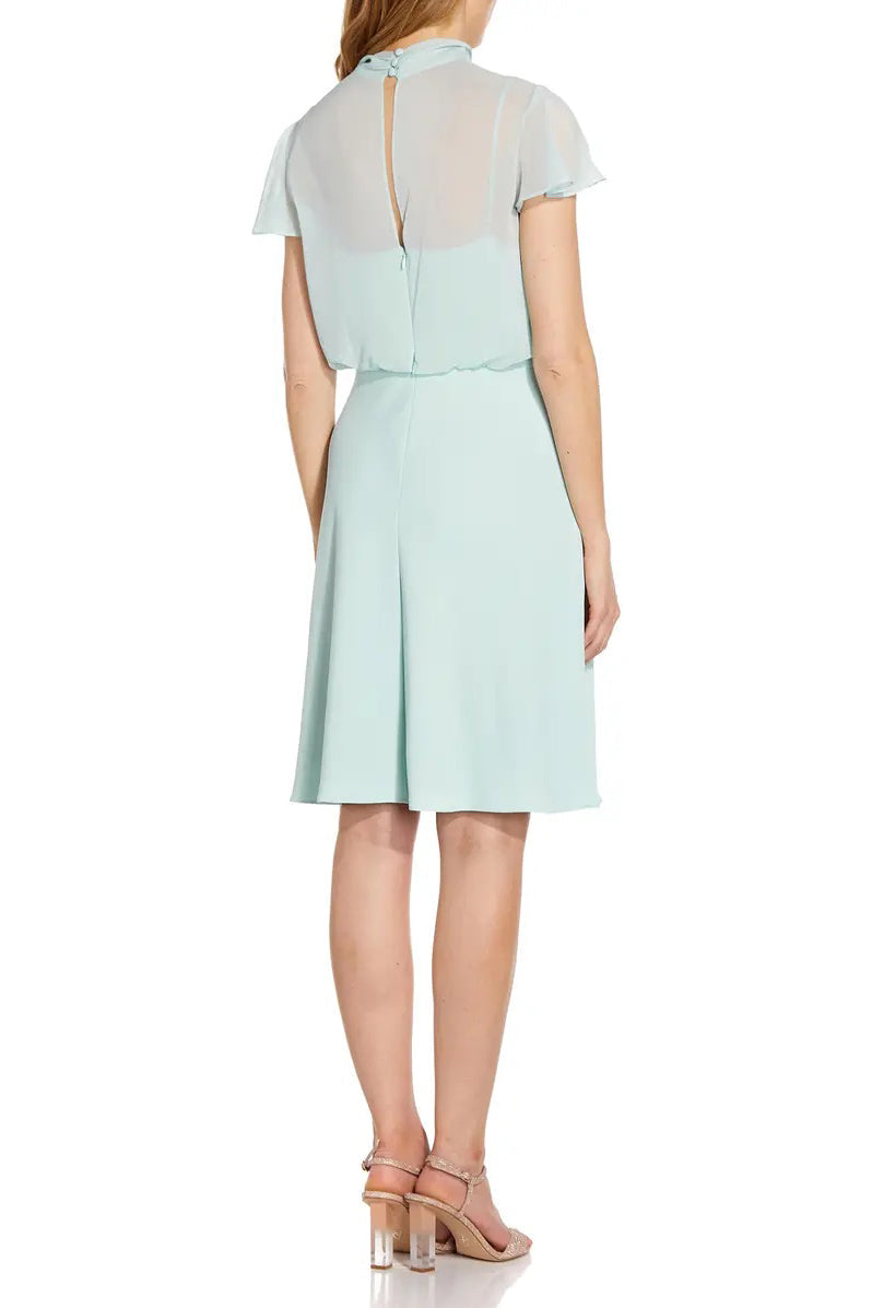 Adrianna Papell Tie Neck Illusion Sleeve Keyhole Back A-Line Crepe Chiffon Dress-2