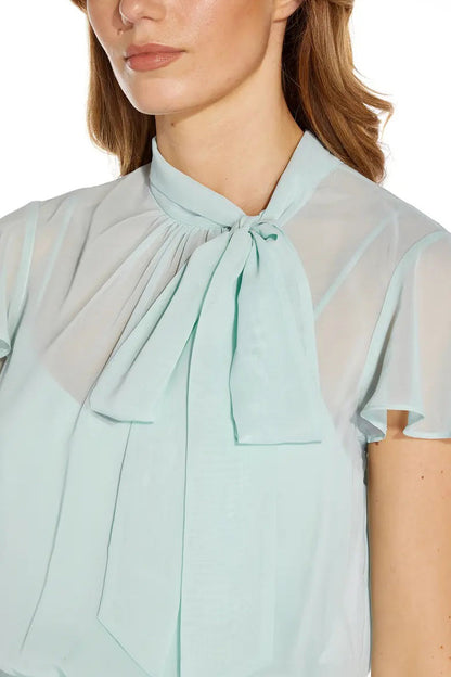 Adrianna Papell Tie Neck Illusion Sleeve Keyhole Back A-Line Crepe Chiffon Dress-3