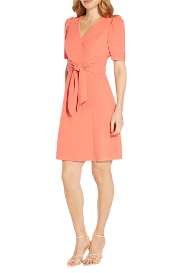 Adrianna Papell V-Neck Short Sleeves Back Zipper Tie Front Detail Short Crepe Dress-1