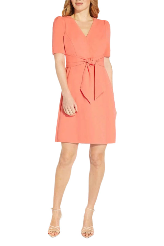 Adrianna Papell V-Neck Short Sleeves Back Zipper Tie Front Detail Short Crepe Dress-0