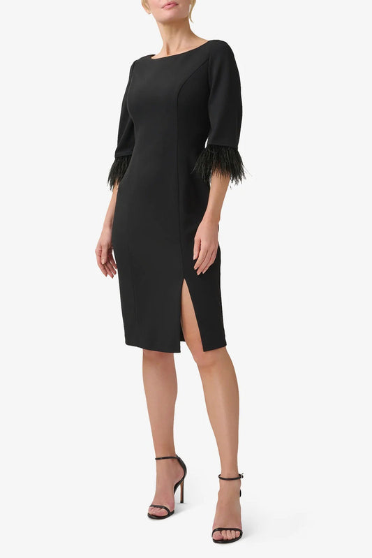 Adrianna Papell Boat Neck 3/4 Sleeve Feather Trim Embellishment Back Zipper Midi Dress
