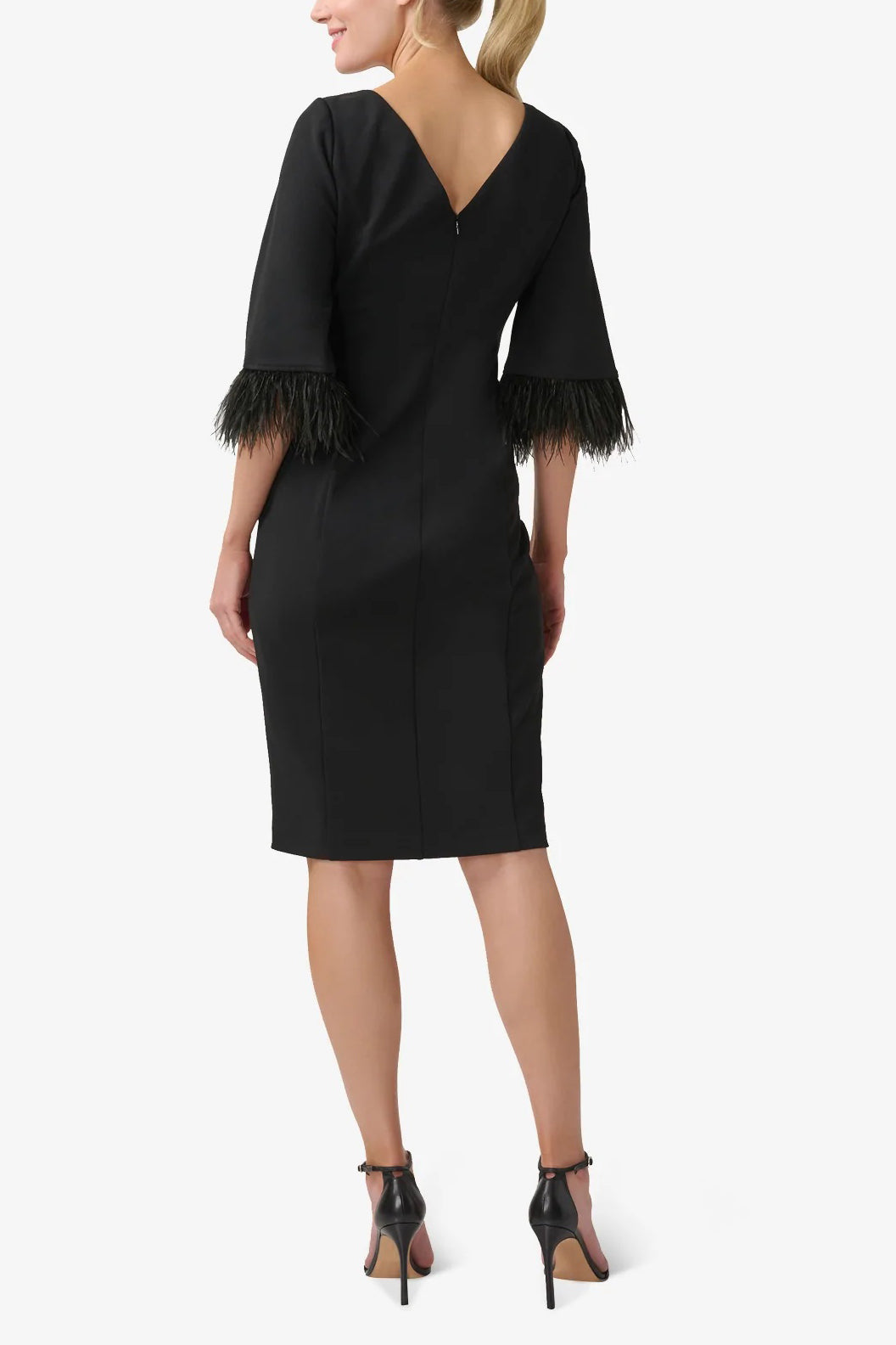 Adrianna Papell Boat Neck 3/4 Sleeve Feather Trim Embellishment Back Zipper Midi Dress