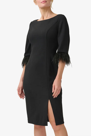 Adrianna Papell Boat Neck 3/4 Sleeve Feather Trim Embellishment Back Zipper Midi Dress
