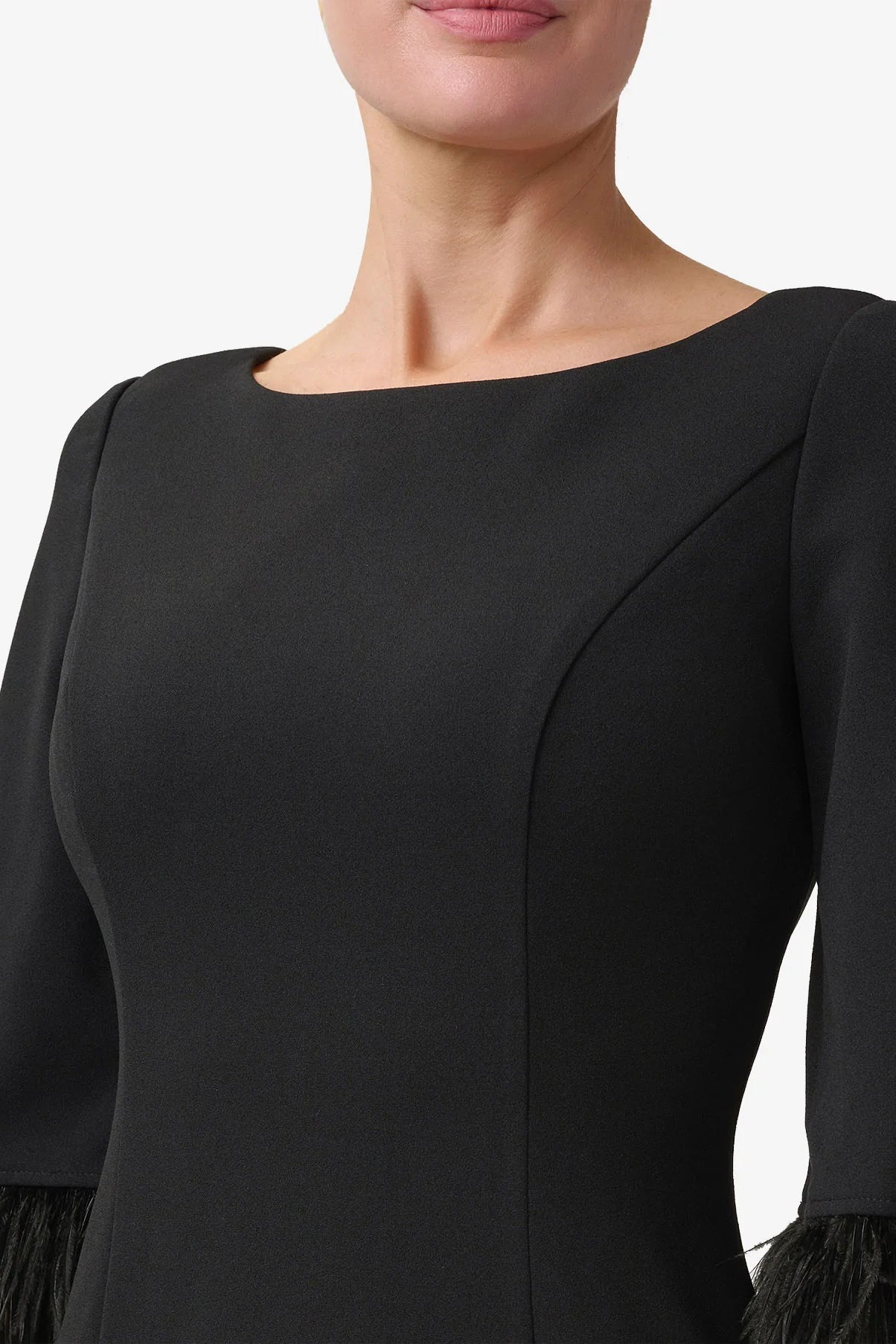 Adrianna Papell Boat Neck 3/4 Sleeve Feather Trim Embellishment Back Zipper Midi Dress