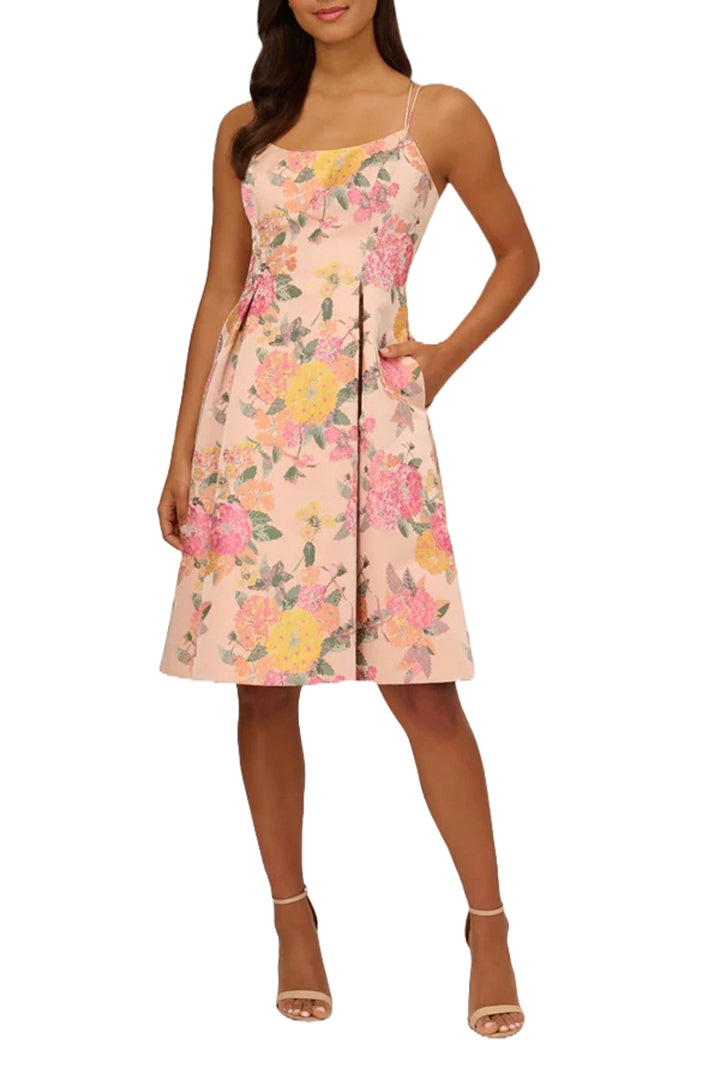 Adrianna Papell spaghetti strap zipper closure box pleat floral jacquard dress-0