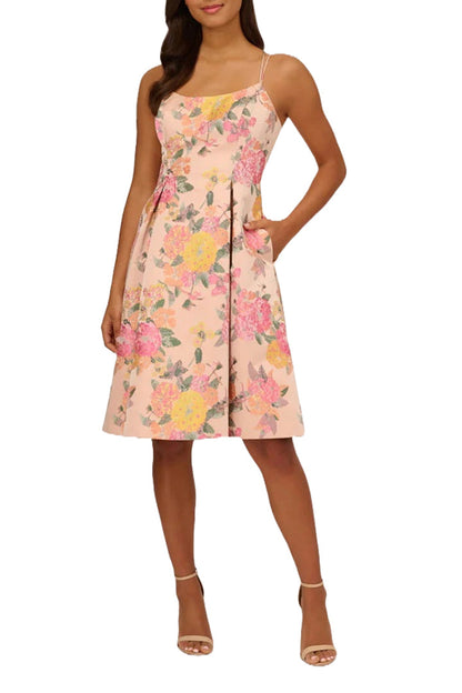 Adrianna Papell spaghetti strap zipper closure box pleat floral jacquard dress-0