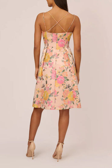Adrianna Papell spaghetti strap zipper closure box pleat floral jacquard dress-1
