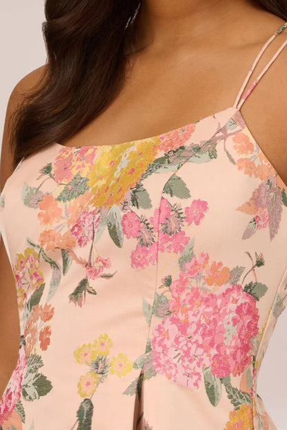 Adrianna Papell spaghetti strap zipper closure box pleat floral jacquard dress-2
