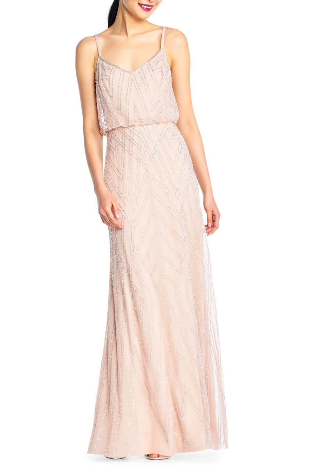 Adrianna Papell Spaghetti Strap Zipper Back Blouson Embellished Mesh Dress-6
