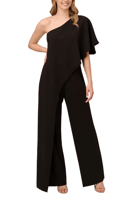 Adrianna Papell Asymmetrical One Shoulder Cape Sleeve Stretch Crepe Solid Jumpsuit