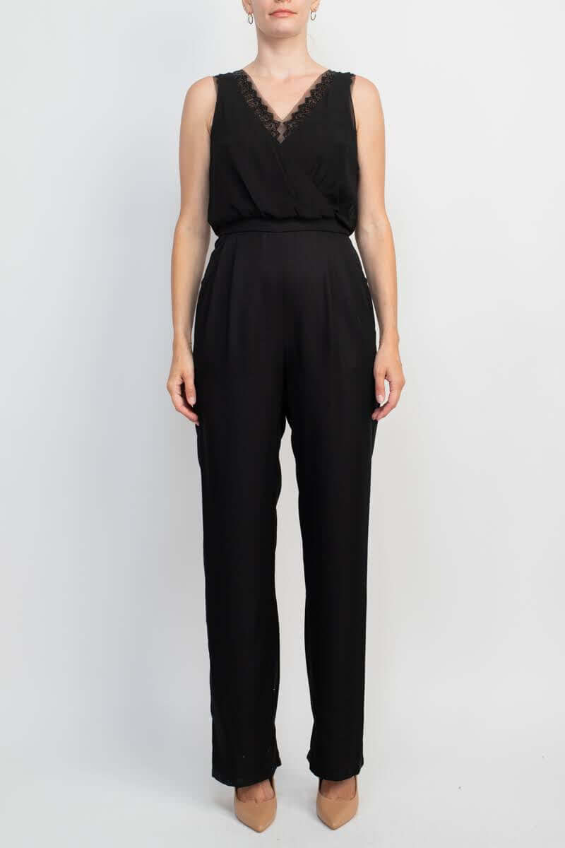 Adrianna Papell Scalloped V-Neck Sleeveless Zipper Back Solid Mesh Chiffon Jumpsuit