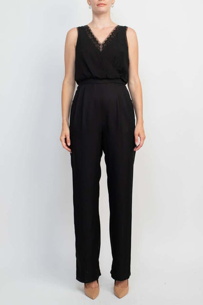 Adrianna Papell Scalloped V-Neck Sleeveless Zipper Back Solid Mesh Chiffon Jumpsuit