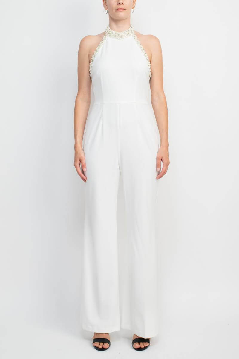 Adrianna Papell Embellished Halter Neck Open Zipper Back Solid Stretch Knit Crepe Jumpsuit