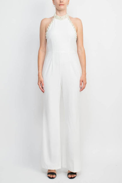 Adrianna Papell Embellished Halter Neck Open Zipper Back Solid Stretch Knit Crepe Jumpsuit