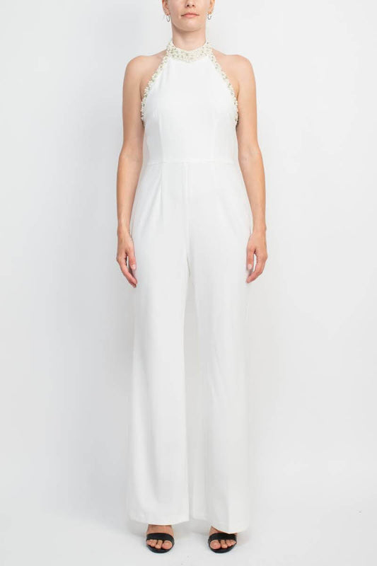 Adrianna Papell Embellished Halter Neck Open Zipper Back Solid Stretch Knit Crepe Jumpsuit