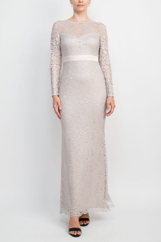 Adrianna Papell Crew Neck Long Sleeve Illusion Embellished Keyhole Zipper Back Lace Dress