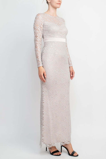 Adrianna Papell Crew Neck Long Sleeve Illusion Embellished Keyhole Zipper Back Lace Dress