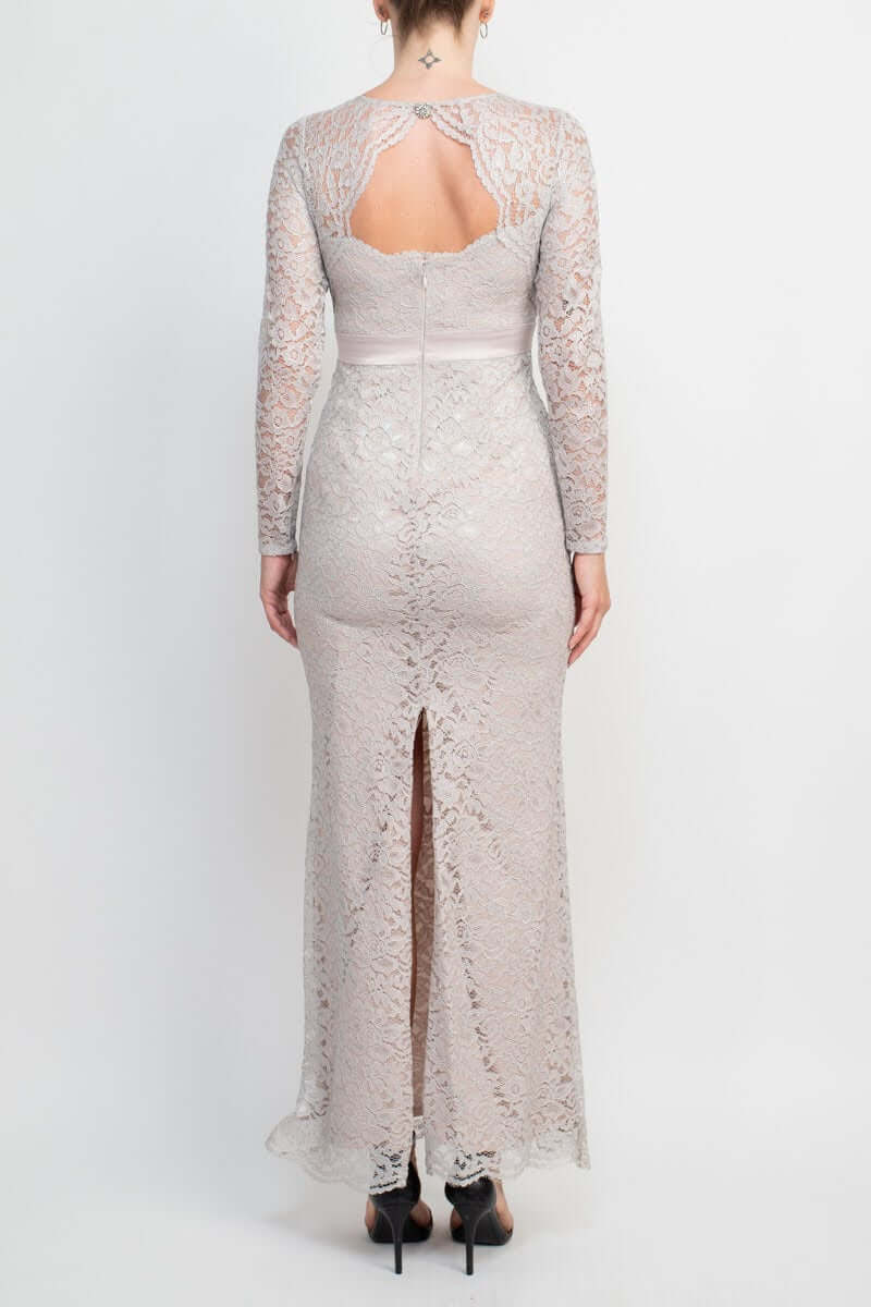 Adrianna Papell Crew Neck Long Sleeve Illusion Embellished Keyhole Zipper Back Lace Dress
