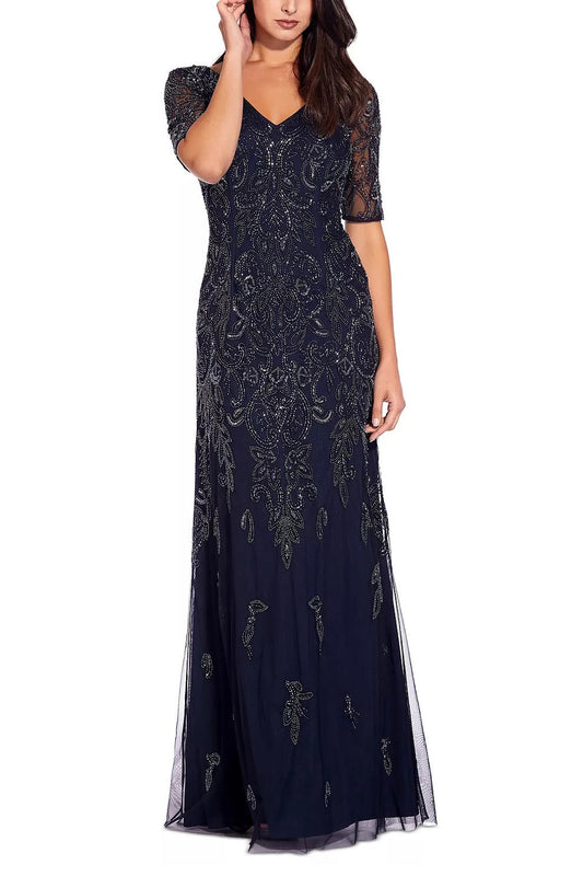 Adrianna Papell V-neck short illusion sleeve sequined & beaded zipper back mermaid hand beaded mesh gown-0