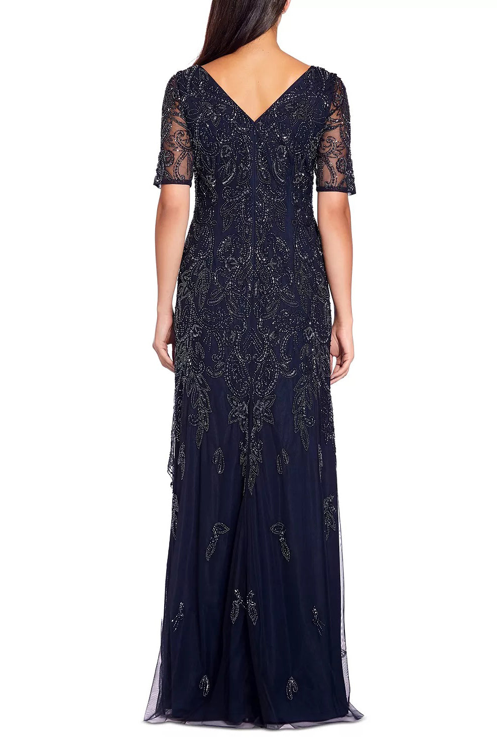 Adrianna Papell V-neck short illusion sleeve sequined & beaded zipper back mermaid hand beaded mesh gown-1