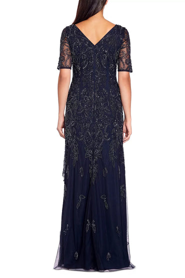 Adrianna Papell V-neck short illusion sleeve sequined & beaded zipper back mermaid hand beaded mesh gown-1
