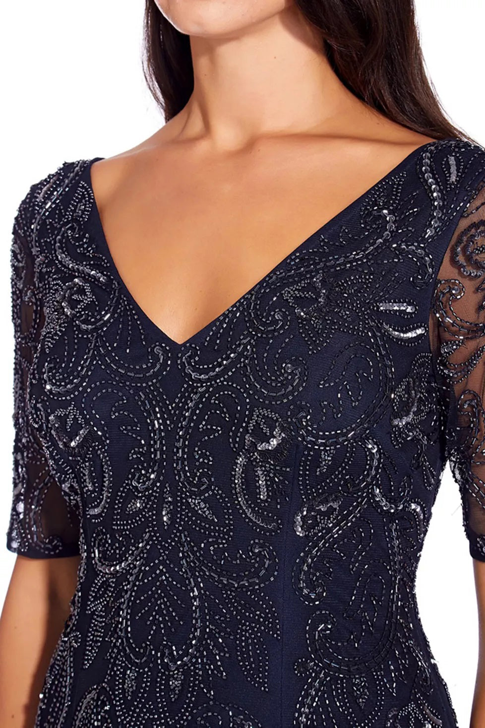 Adrianna Papell V-neck short illusion sleeve sequined & beaded zipper back mermaid hand beaded mesh gown-2