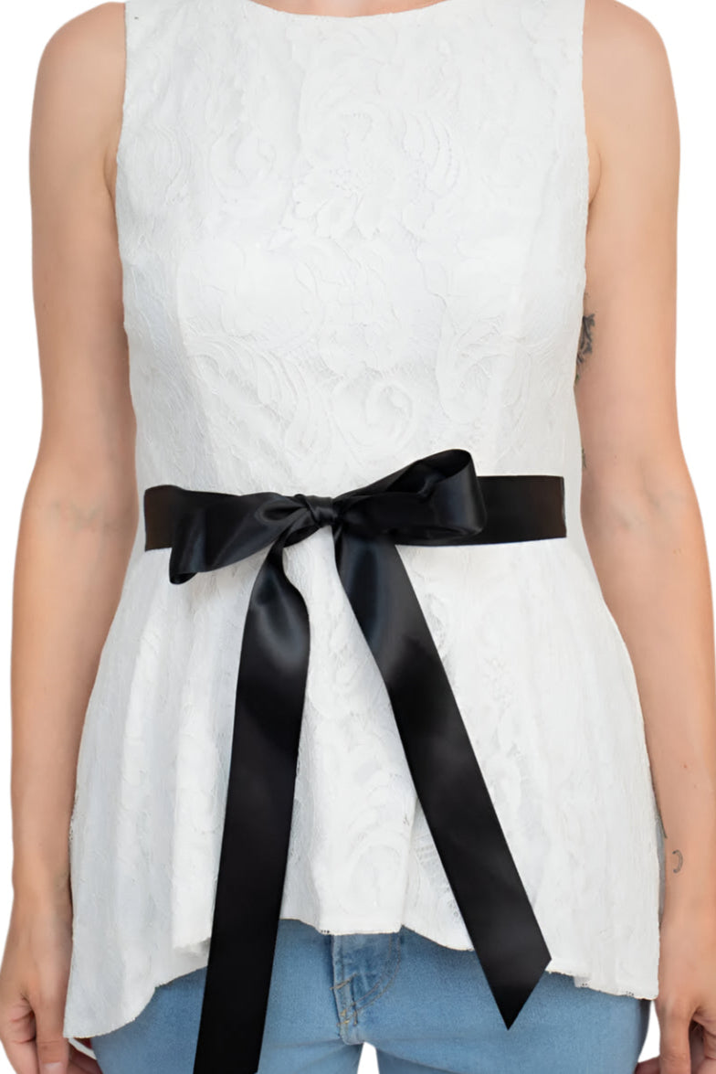 Adrianna Papell Boat Neck Sleeveless Tie Waist High Low Hem Lace Top-4