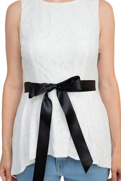 Adrianna Papell Boat Neck Sleeveless Tie Waist High Low Hem Lace Top-4