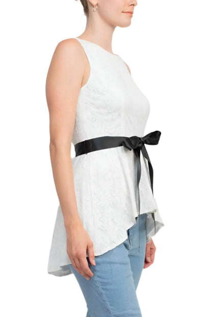 Adrianna Papell Boat Neck Sleeveless Tie Waist High Low Hem Lace Top-2