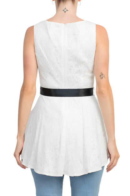 Adrianna Papell Boat Neck Sleeveless Tie Waist High Low Hem Lace Top-3