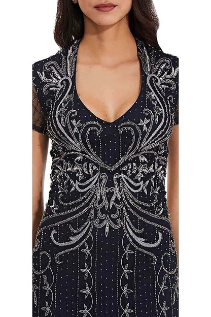 Adrianna Papell V-Neck Short Sleeve Godet Cutout Back Embellished Mesh Gown-2